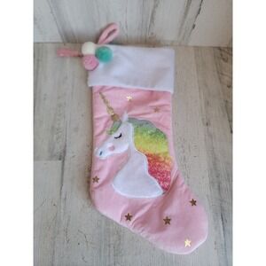 Plush pink unicorn stocking rainbow stars hanging Xmas home decor